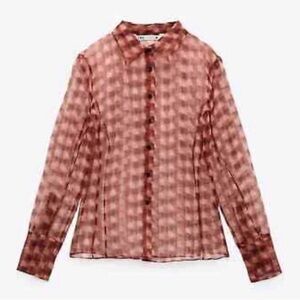 NWOT Zara Brown/Red Printed Organza Sheer Button Down Shirt  Blouse Top M